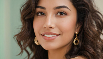 Young Hispanic Woman with Curly Hair and Captivating Smile - Radiant Headshot with Delicate Earrings