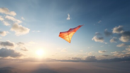 In this realistic 3D render, a kite soars high in the sky, its tail trailing behind in the wind
