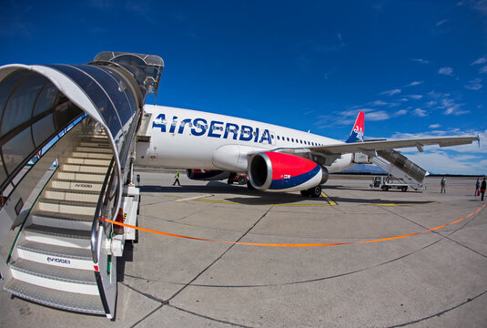 Podgorica, Montenegro - Mar 31, 2015: "Air Serbia" plane landed at the Podgorica airport