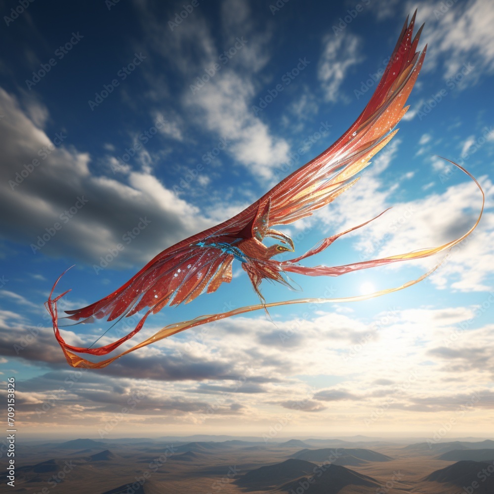 Wall mural in this realistic 3d render, a kite soars high in the sky, its tail trailing behind in the wind.