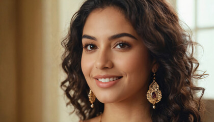 Young Hispanic Woman with Curly Hair and Radiant Smile - Headshot Portrait with Delicate Earrings and Soft Lighting