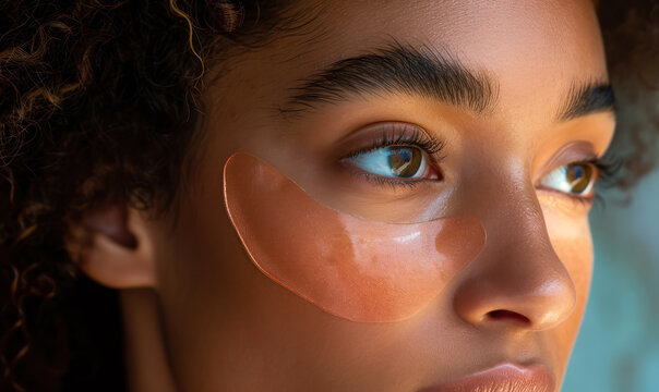 woman with serum-infused peach eye patches