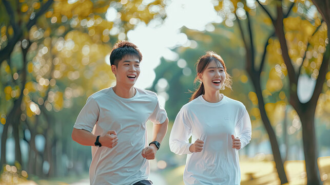 Asian male and female couple Exercise in the outdoor park in the morning. They are healthy, smiling and happy. fitness concept, health care - Powered by Adobe