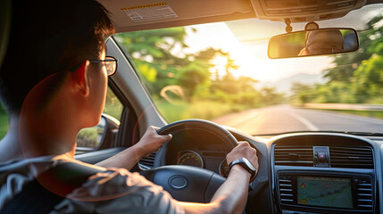 Asian tourist driving a car while wearing a belt in the backdrop sunshine