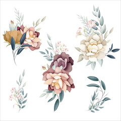 set of flower arrangements flower and leaves floral illustration for wedding card - obrazy, fototapety, plakaty