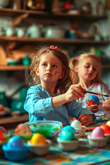 Fototapeta na wymiar children paint Easter eggs. Selective focus.