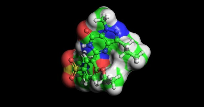 Sildenafil/Viagra, phosphodiesterase inhibitor for treatment of erectile dysfunction, 3D molecule spinning on Y-axis, 4K