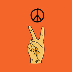 Hand Peace Sign Logo Vector Illustration Design in Orange Background