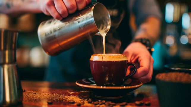 barista pours milk into a cup of coffee. Selective focus.
