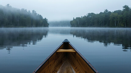 Bow of a canoe in the morning on a misty lake in Ontario, Canada.