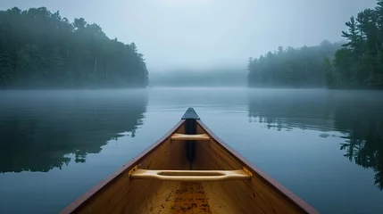 Crédence de cuisine en verre imprimé Matin avec brouillard Bow of a canoe in the morning on a misty lake in Ontario, Canada.