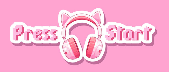 Cute Pink gaming cat ears headphones, gamer girl, 2000s fashion, vector illustration sticker isolated on white background modern cute design Cat-eared Stereo cat Press start game gamer girl