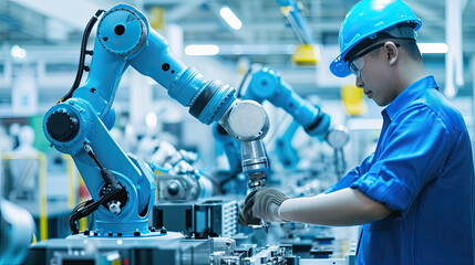 Engineer check and control automation robot arms machine in intelligent factory industrial.