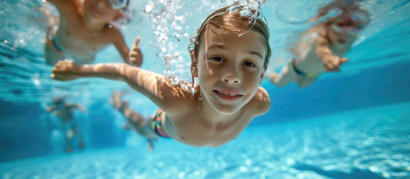 Children swimming underwater in pool.