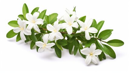     Against a white backdrop, wild Jasminum flowers and their vibrant green leaves from the tropical rainforest are isolated, including a clipping path.

