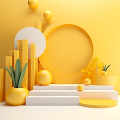 Empty white stepped podium or pedestal for product branding advertisement on minimal abstract pastel yellow background with flower vase. Front view.