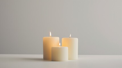 Fototapeta na wymiar Three ivory candles of varying heights offer a tranquil flame against a gentle white backdrop, evoking a sense of calm and simplicity