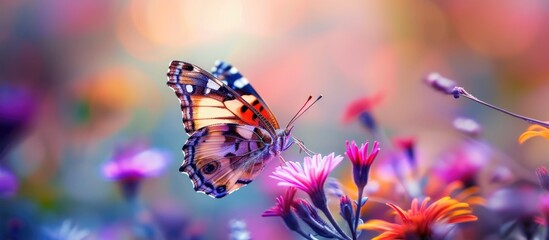 Gorgeous butterflies gracefully flutter on colorful flowers, embraced by nature's beauty.