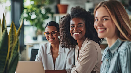 Fototapeta premium Happy multiethnic smiling business women working together in office