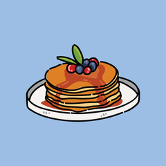 Vector pancakes illustration. Baking with syrup and blueberries and raspberries. Breakfast concept.