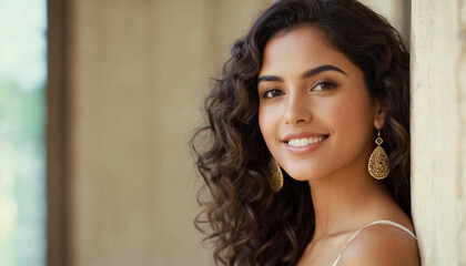 Young Hispanic Woman with Curly Hair, Radiant Smile, Black Eyes, and Delicate Earrings - Soft Light Headshot
