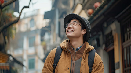 Fototapeta premium Happy young Asian man exploring the old city by walking