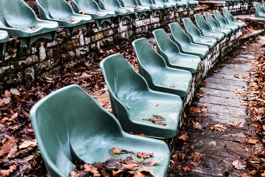 Empty rows of seats in stadium with autumn leaves. 
