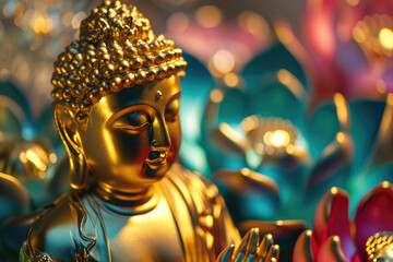 close up view of glowing golden buddha and 3d multicolored lotus flowers three-dimensional - obrazy, fototapety, plakaty