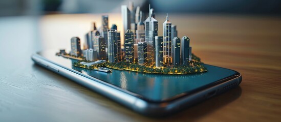 Mobile phone displaying miniature city
