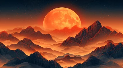 Photo sur Plexiglas Orange Golden mountains and a giant moon landscape wallpaper background