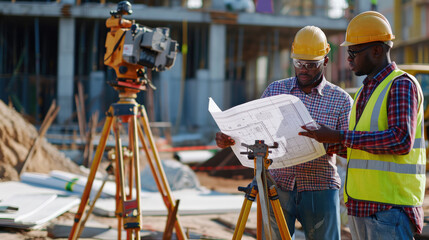 Multi-ethnic construction workers looking at blueprints Construction engineers with architects at the construction site or building site of highrise building with Surveying for making contour plans.