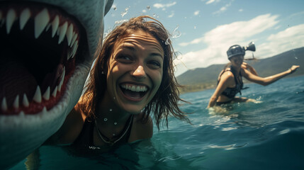 Caucasian woman playing with sharks in the sea.