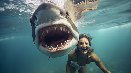 Caucasian woman playing with sharks in the sea.
