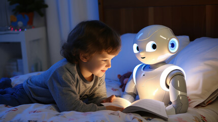 A human-like robot reading a book to the child in a childroom, future concept