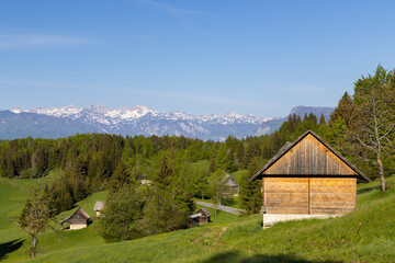 Typical wooden log cabins in Gorjuse, Triglavski national park, Slovenia