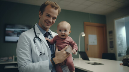 Young Caucasian doctor holding a baby in the hospital.