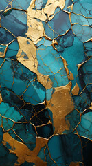 turquoise and gold chrome the most beautiful cinematic abstract artwork kintsugi mosaic created with Generative Ai