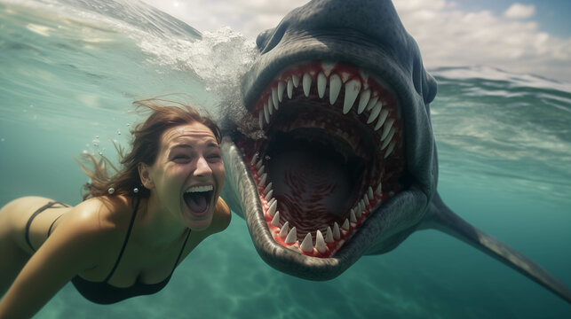 Caucasian woman playing with sharks in the sea.