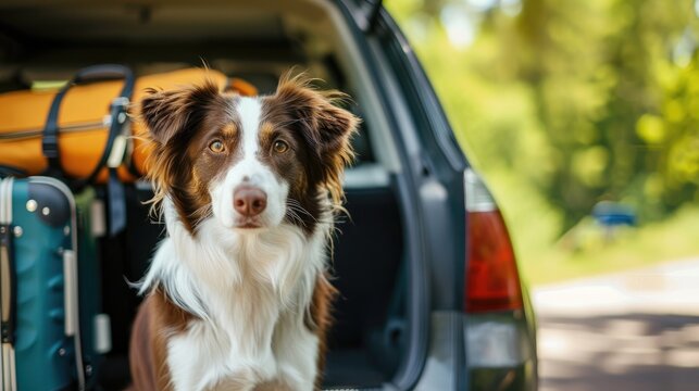 Photo of a cute brown border collie sitting by a car with luggage while traveling