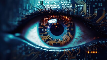Futuristic digital eye. Cybersecurity concept. Close up of human eye with digital circuit concept. bionic eye and futuristic vision. - obrazy, fototapety, plakaty