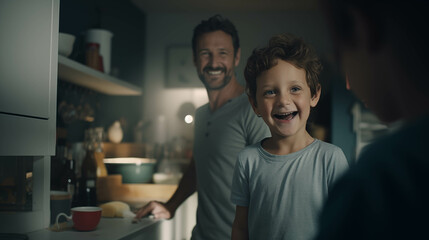 Fototapeta premium Caucasian father and son are in the kitchen.