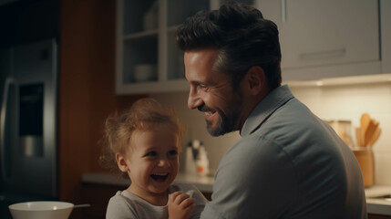 Fototapeta premium Caucasian father and son are in the kitchen.