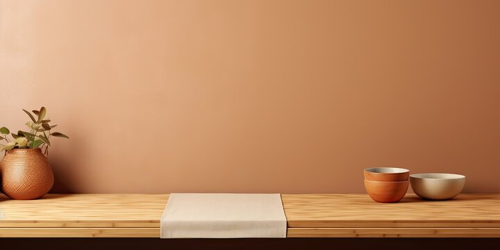 Kitchen mock-up for design and product display featuring a wooden table with bamboo tablecloth and place mat against a brown wall background.