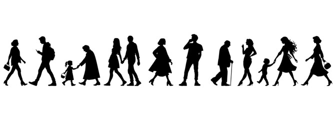 vector illustration. silhouettes of people walking along the street. Large set of characters of different ages.