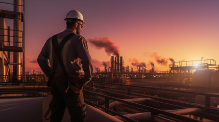 Fototapeta na wymiar Engineer looks confidently at job site during sunset.