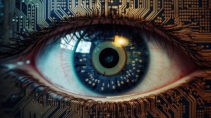 Futuristic digital eye. Cybersecurity concept. Close up of human eye with digital circuit concept. bionic eye and futuristic vision.