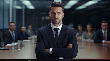 Fototapeta premium Caucasian businessman looking at camera with confidence in conference room.