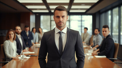 Fototapeta premium Caucasian businessman looking at camera with confidence in conference room.