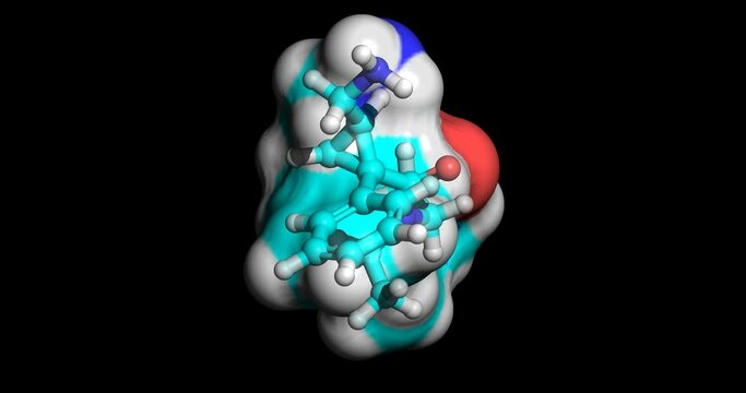 Milnacipran, drug for treatment of fibromyalgia and major depressive disorder, 3D molecule spinning on Y-axis, 4K