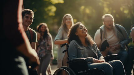 Group of disabled people in wheelchairs doing outdoor activities together. - Powered by Adobe